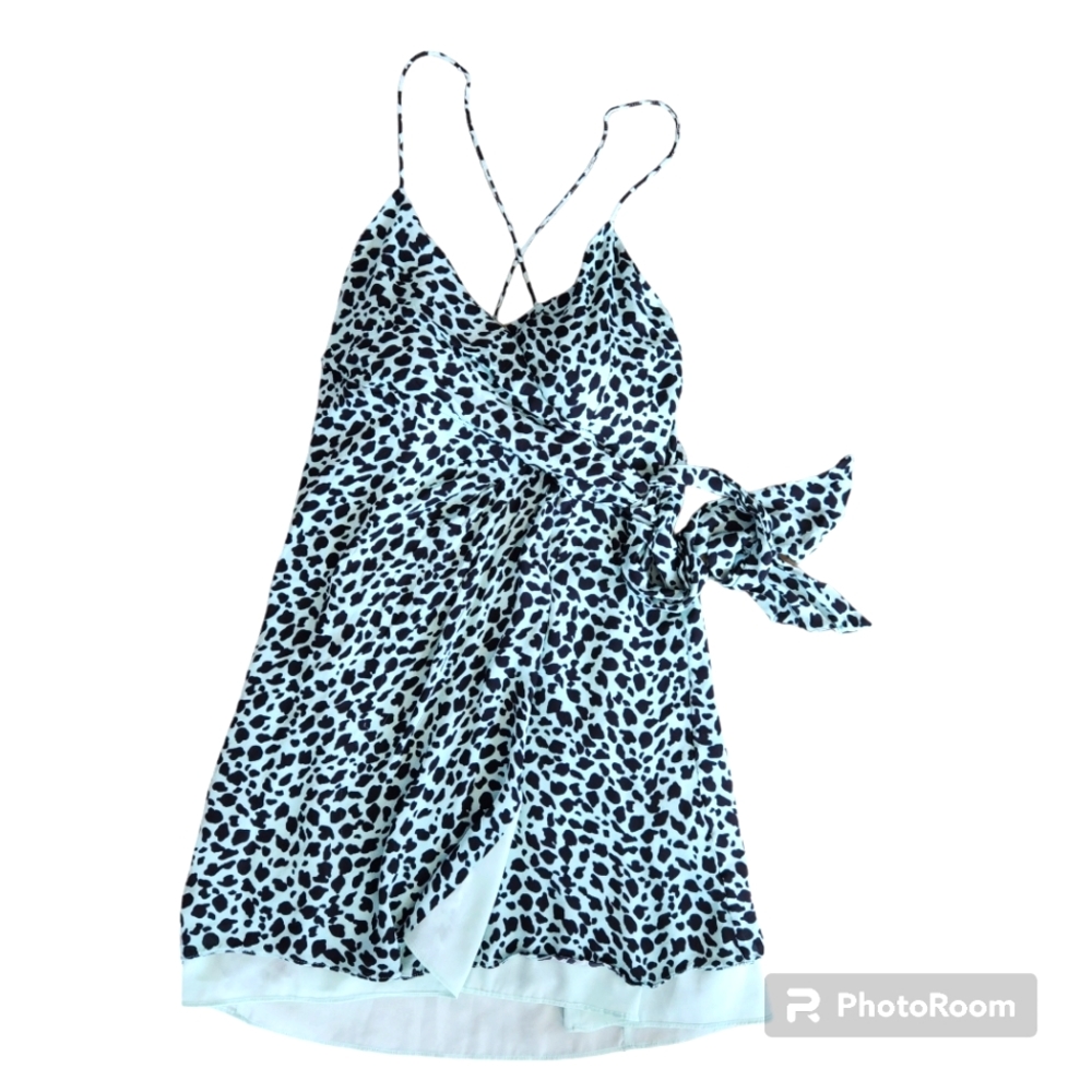 Alice + Olivia Faux Wrap Aqua Animal Print Spaghetti Strap Mini Dress  4  Flaw**